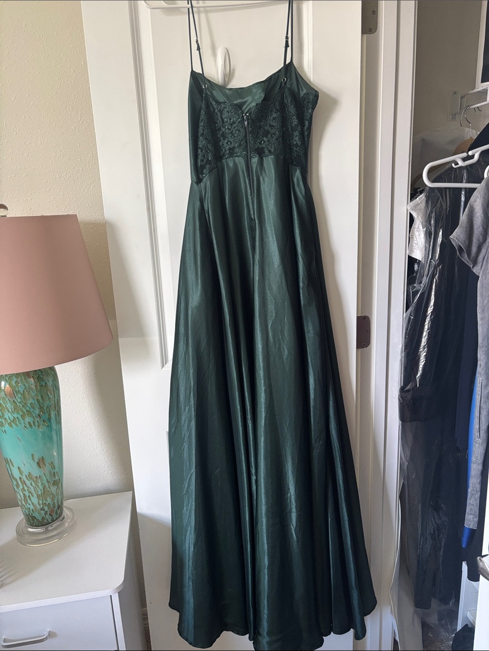 Windsor Dark Green Satin Prom Dress with Lace Bodice